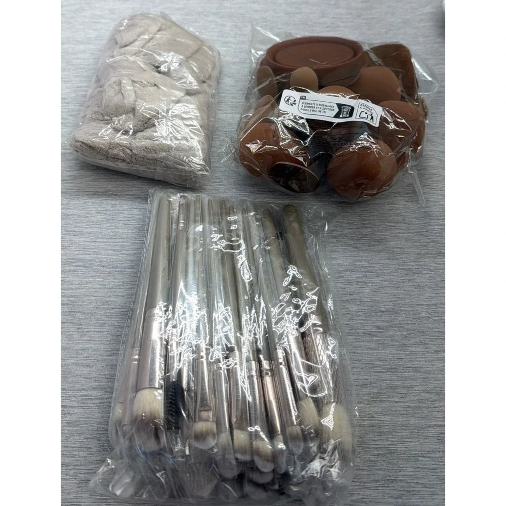 54pc Makeup Brush and Sponge Set‎ with Spa Headband Taupe Brown All in 1 Kit